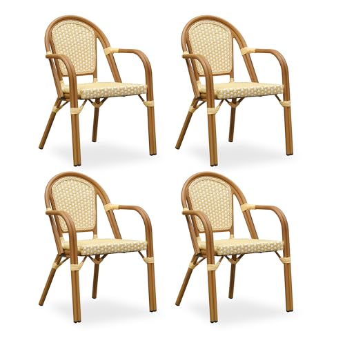 Image of PURPLE LEAF French Wicker Bistro Armchairs Set of 4, Bamboo Finish, Yellow