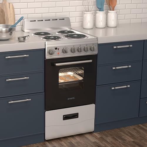 Avanti ERU200P3S Electric Range Oven Compact Design, 2.1-Cu.Ft. Capacity with 4 Coil Burners, Framed Glass Door, Storage Drawer and Broiler with Pan Perfect for Apartments, 20-Inch, Stainless Steel