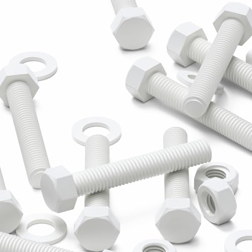 Image of 10x White Hexagon Head Polypropylene (PP) Plastic Nuts & Bolts, Washers, M10 x 60 mm, (25 /64 x 2-23 /64 in)
