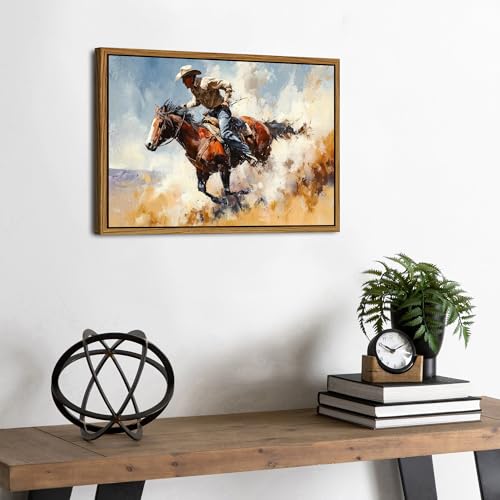 Image of Western Cowboy Wall Art for Living Room Cowboy Riding Horse Canvas Prints Vintage Western Rodeo Wall Decor Horse Rider Picture Rustic Farmhouse Framed Artwork for Bedroom Office Home Decoration 12x16