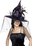 Halloween! Smiffys Hut Hexe, Purpur, mit Federn und Netz, Deluxe