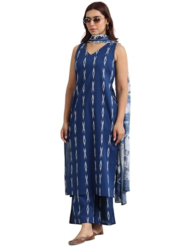 Image of Libas Blue Woven Design cotton blend Straight Kurta set for Women | daily wear suit