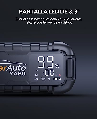 YaberAuto Arrancador de Baterias de Coche 6000A (para Todo vehículo de Gasolina o 12,0L de Diesel) Portatil con 65W Carga Rápida,Gran Pantalla y Linterna LED