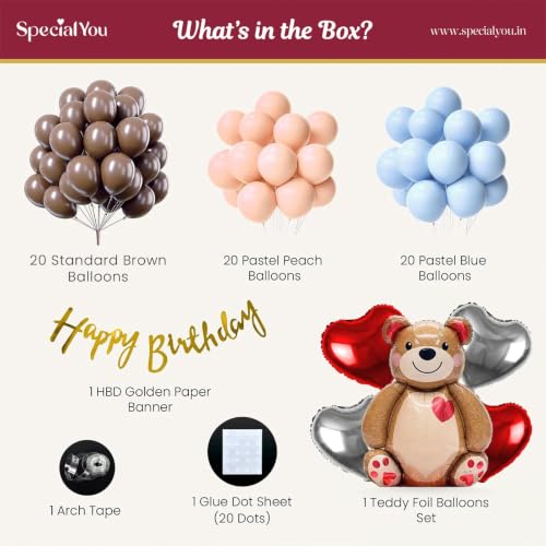 Image of Special You Teddy Bear Theme Birthday Decoration Items with Teddy Bear Foil Balloon, Pastel Peach & Blue Balloons for Decorations, Birthday Decoration kit for Baby Girl -64 Pcs