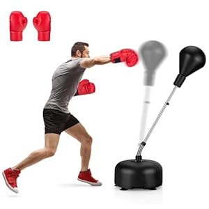 GYMAX Punchingball Boxen Set höhenverstellbar, Standboxball mit Befüllbarer Basis, Freistehender Boxstand mit Boxhandschuhen, für Erwachsene & Kinder, für Boxing, Kickboxing & Stressabbau (Schwarz)