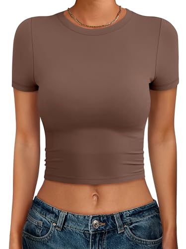 ANRABESS Womens Basic Tee Summer Outfits Crewneck Short Sleeve Crop Tops Slim Fitted T Shirts Y2k 2026 Trendy Clothing Brown Large