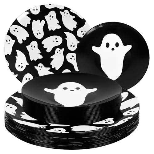 Whaline 40Pcs Halloween Plastic Plates Cute Ghost Reusable Plate Black White Dinner Dessert Plates for Spooky Holiday Birthday Party Supplies Table Decor