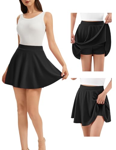 bridesmay Damen Casual Mini Rock, Elastische Hohe Taille Skater-Rock, A-Line Tennisrock Schuler Rockhose mit Sicherheits-Shorts Black L
