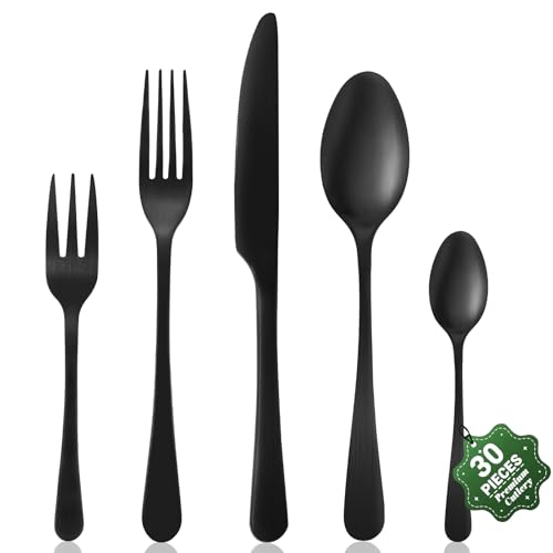 BEWOS servizio di posate per 6 persone, set di posate da 30 pezzi nero opaco comprensivo di coltello, forchetta, cucchiaio, posate in acciaio inox, lavabili in lavastoviglie