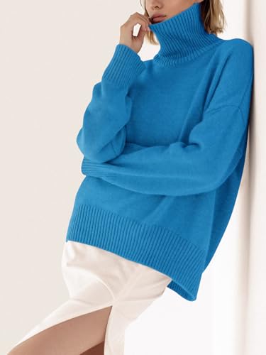 Image of YKR Women's Turtleneck Sweater Chunky Long Sleeve Knitted Pullover High Low Hem Sweater Jumper Top Royal M