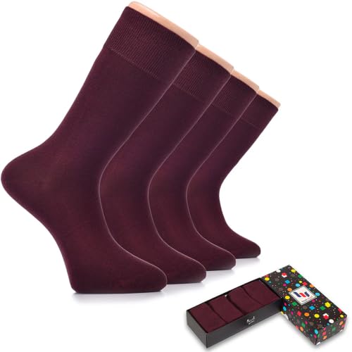 Hugh Ugoli Mens Rayon Dress Socks for Business & Trouser Thin & Seamless Crew Socks 4 Pairs with Gift Box Burgundy Shoe Size: 8-12