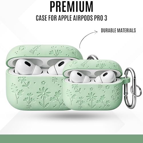 Image of Emoh Roced Case for Airpods Pro 3,Silicone Flower Engraved Cases Compatible with Apple AirPods Pro 3rd Generation 2025, Shockproof, Anti-Scratch, Protective Case Cover (Mint Green, for AirPods pro 3)