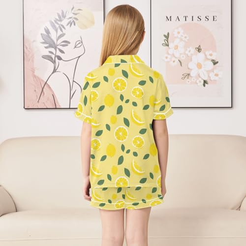 Creative Lemon Pattern Summer Satin Pajama Set, Cute Button-Down Sleepwear Pj Set for Sleep Wears4