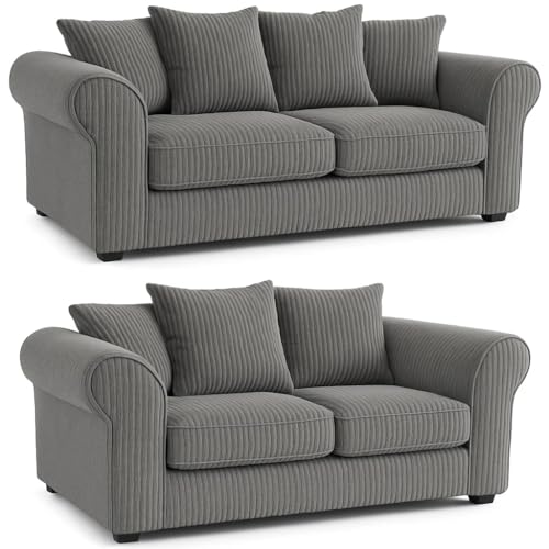 3+2 Settee Grey Sofas - Jumbo Cord Scatter Back Sofa - Modular 3 Seaters 2 Seater Suite - Sectional Dual Arm Corner Sofa - Upholstered Fabric Couch Set for Living Room Lounge (Grey, 3+2 Seater)
