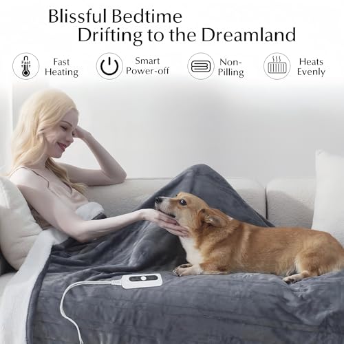 Heated Blanket Throw Size, Soft and Cozy Electric Heating Blanket for Bed, Automatic Safety System 6 Heating Levels & 4 Hours Auto-Off Gift for Grandma,50" x 60" London Grey