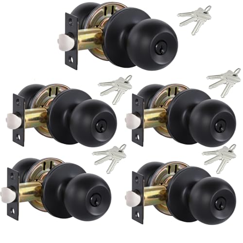 Lanwandeng Paquete de 5 pomos de puerta negros con cerradura y llaves iguales, perilla de puerta interior/exterior para dormitorio o baño, accesorios de manija de puerta de entrada