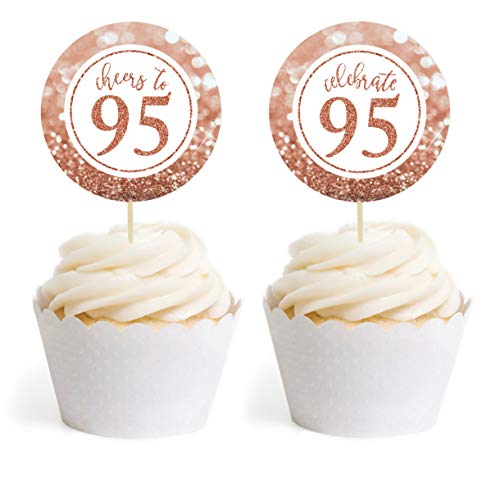 Andaz Press Glitzy Faux Rose Gold Glitter Round DIY Cupcake Toppers, Cheers to 95 Years, 95th Birthday or Anniversary, 20-Pack, Cake Dessert Party Decor