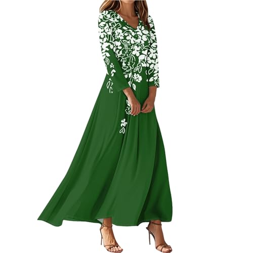 Generisch Herbstkleid Damen Lang Maxikleid V-Ausschnitt Boho Kleid 3/4 Ärmel Blumenkleid Elegante Tunika Kleider Damen Herbst Schickes Lockeres...
