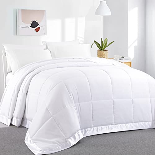 HOMBYS Daunen-Alternativdecke, Übergröße, King-Size-Bett, 120 x 128 cm, für alle Jahreszeiten, leichte, gesteppte weiße Bettdecke mit Satinbesatz, wendbar, weiche Mikrofaser, gesteppte Decke