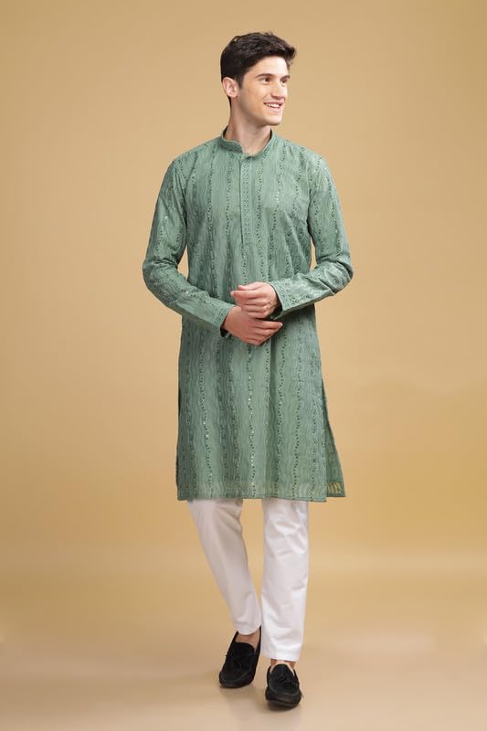 Be Active Men's Traditional Embroidered Lucknowi Design Full Sleeves Kurta || Cotton Kurta For Men || Men Kurta For Wedding || Kurta For Men (Sk0800 1 L) Green