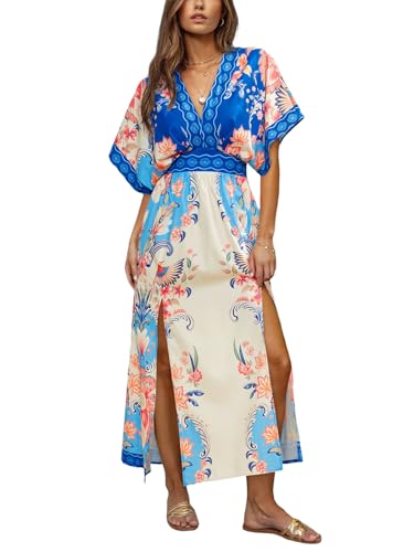 Image of CUPSHE Womens Tropical Floral Maxi Dress V Neck Short Sleeve Smocked Side Slit Dress Summer Vacation Beach Pocket Long Dress