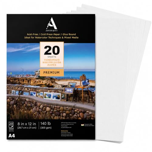 Image of ArtRight Artists' Watercolor Paper A4 300 GSM - 20 Sheets of Handmade Rough Grain Water Colour Papers for Watercolour, Acrylic, Gouache, Ink & Mixed Media