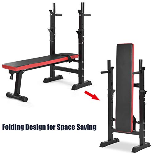 GYMAX Adjustable Weight Bench with Barbell Rack, Folding Lifting Bench for Full Body Exercise, Foldable Workout Sip Up/ Incline Bench for Home/Apartment