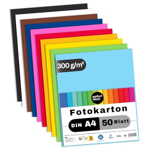 perfect ideaz 50 Blatt Fotokarton DIN-A4, 10 Farben, 300 g/m², Made in Germany, Blauer Engel zertifiziert