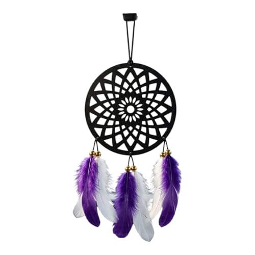 Image of Acrylic Dream Catcher Car Hanging Ornament with Purple and White Feathers - Rear View Mirror Decor for Cars, Spiritual Wall Hanging Decoration for Home, Office and Gift Use (ROUND-ART-001)