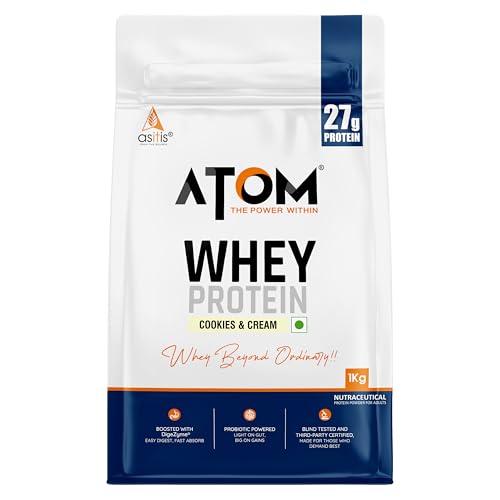 Image of AS-IT-IS ATOM Whey Protein 1kg | 27g protein | Isolate & Concentrate | Cookies and Cream | USA Labdoor Certified | With Digestive Enzymes for better absorption