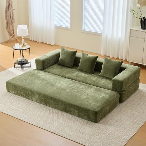KOMHTOM Petit Canapé 2 Places en Chenille avec Coussins Confortables, DIY Libre et Poches Latérales - Canapé Convertible Multifonctionnel Moderne (Vert)