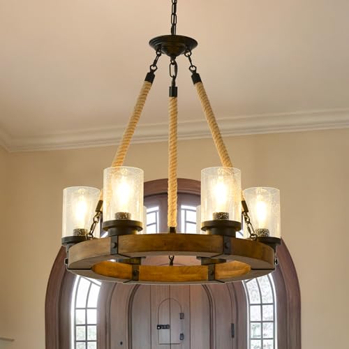Rustic 6 Light Wagon Wheel Chandelier, Round Wood Pendant Light with Seeded Glass Shade, Farmhouse...