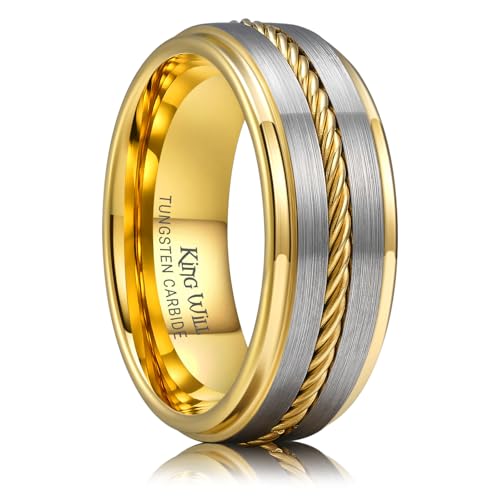 King Will Bague en tungstène doré 8 mm, Alliance pour homme avec bord à gradins laser, Alliance...