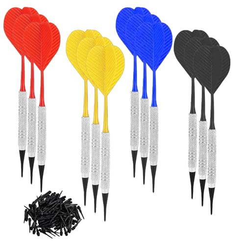 aghoer 12 Stück Dartpfeile mit Kunststoffspitze, Tragbares Soft Darts Pfeile Set mit 100 Dartspitzen Kunststoff, 4 Farben Langlebige Professionelle Dartpfeile für Zuhause, Bar, Spielhalle und Mehr