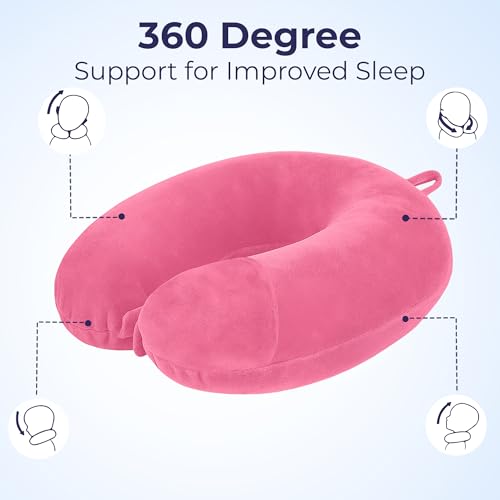 Image of U-SShaped Neck Pillow Soft Fiber Filled Travel Cushion with Snap Button, Comfortable Fabric, Neck Support for Flight, Bus, Car, Neck Pillow for Pain Relief (Pink)