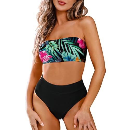 Pink Queen Women's Removable Strap Wrap Pad Cheeky High Waist Bikini Set Swimsuit 3X-Large 02 - Floral Black
