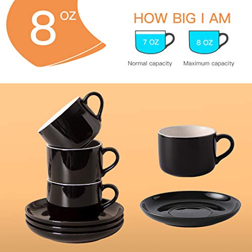 Childike Porcelain Coffee Cups And Saucers Set Of 4 Black, 8 Ounce Coffee Cup For Cappuccino, Latte, Cafe Mocha, Tea Party, Espresso #TOP3