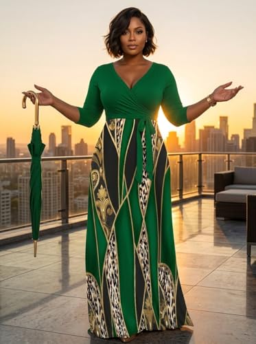 Image of Plus Size Dresses for Women Print Maxi Dresses 3 /4 Sleeve with Belt