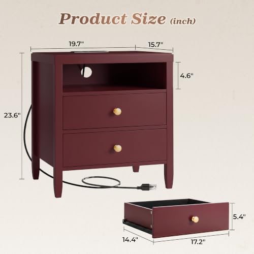 Image of Huuger Red Nightstand Set of 2, Night Stand with Charger Station