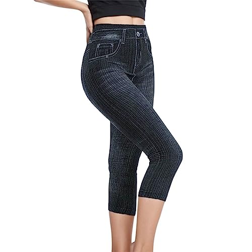 Capris High Leggings Femmes Imitation Taille Leggings Jeans Pantalons Élastiques, Noir , S