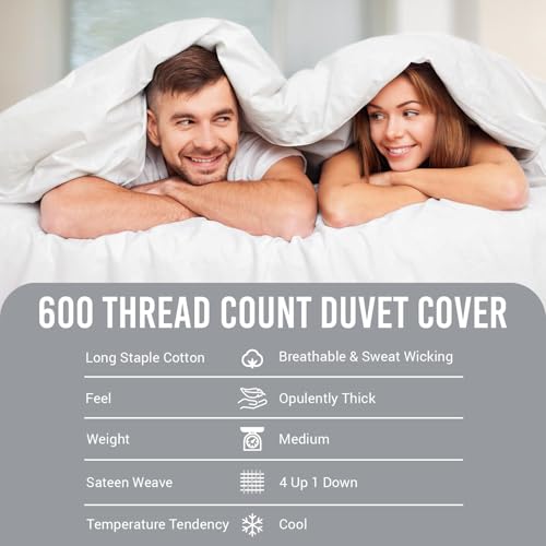 Pizuna 600 Thread Count Cotton King-Size-Duvet-Cover-Set, White 100% Long Staple Cotton White-Bedding King, Soft Sateen Weave 4 Corner Ties and Hidden Button Closure (Cotton Quilt Cover) - Image 4