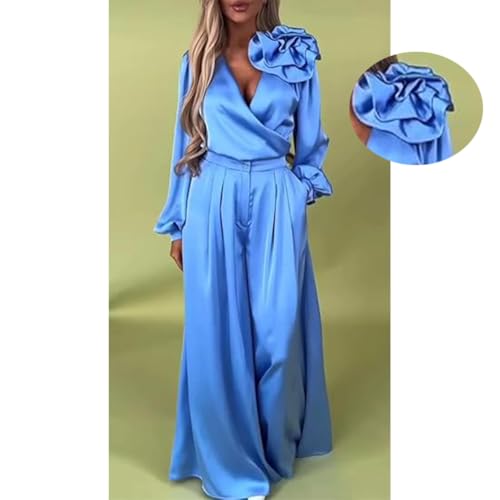 Women's two-piece suit, satin 3D flower V-neck long-sleeved top wide-leg pants suit, sexy, elegant solid color satin4