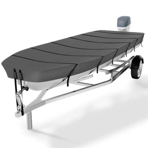 Jon Boat Cover 10-12ft 1200D 5-Layer Waterproof Oxford Fabric Heavy Duty UV Protection Fade and Tear Resistant Trailerable Mooring Cover Marine Grade Reinforced Adjustable Side Straps
