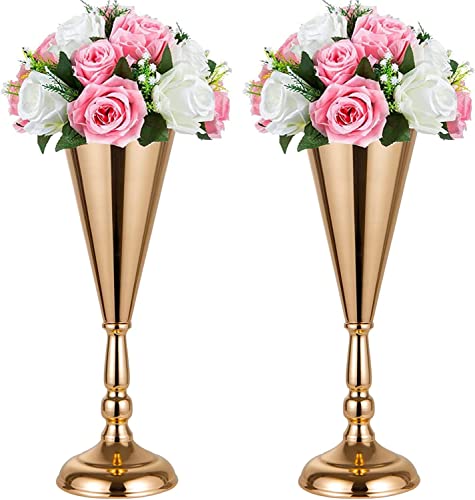 2 Piezas de Metal Trompeta florero Soporte para Boda, Centro de Mesa de Boda, Soporte de Flores Doradas para Oficina en casa, Eventos, decoración de Mesa de Sala de Estar (Dorado, 2 x M) Cover