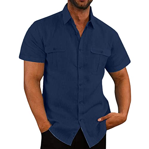 Leinenhemd Herren Kurzarm Hemd Sommer Freizeithemd Mit Brusttasche Button Down Regular Fit Kurzarmhemd Businesshemd Männer Einfarbig Basic Baumwolle Leinen Shirt Blitzangebote des Tages Marine XL