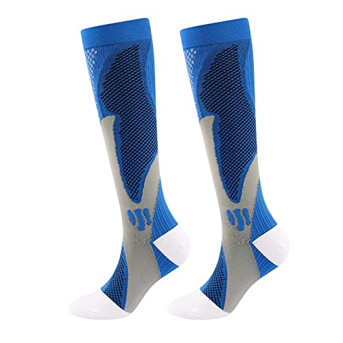 Generisch Medias de compresión para mujer y hombre, para vuelo, trombosis, de apoyo, deporte, ciclismo, correr, compresión, calcetines largos, calcetines de compresión, calcetines neurosocks, 01 Blue