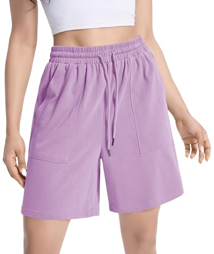 Boyfriend Summer Dressy Dad Comfy SweatShorts Yoga Sweat Casual Pajama Ladies Womens Sweatpant Knee Length Plus Size Biker Shorts Bermuda Active Cotton Athletic Workout Long Shorts for Women Lilac L