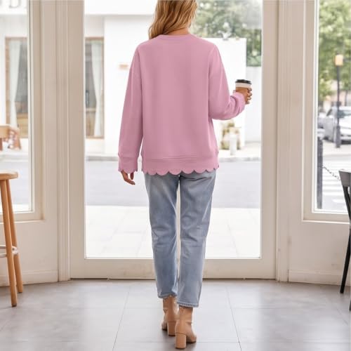 Womens V Neck Sweatshirt Cotton Scalloped Hem Long Sleeve Pullover Tops - image 4