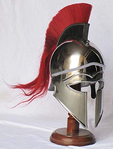 Image of AnNafi Medieval Greek Corinthian Helmet Armour, Red Plume Steel Helmet Replica, Roleplay Costumes, Roman Knight Spartan LARP Costume