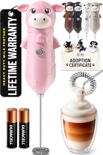 Image of Zulay Kitchen Cow Milk Frother Wand - Cutesy Frother, Meet Your New Frothing Buddy Bubblegum The Cow, Adoption Papers and Stickers Included, Purrr-fect for Lattes, Cappuccino & Matcha - Pink